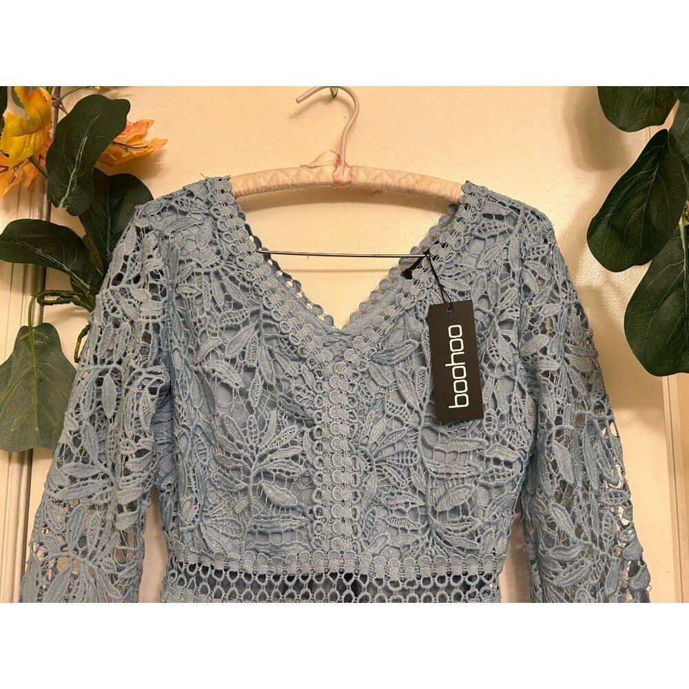 NWT Boohoo Women's Lace Crochet Long Sleeve Flare Dress Blue Sz 4 - Picture 8 of 16